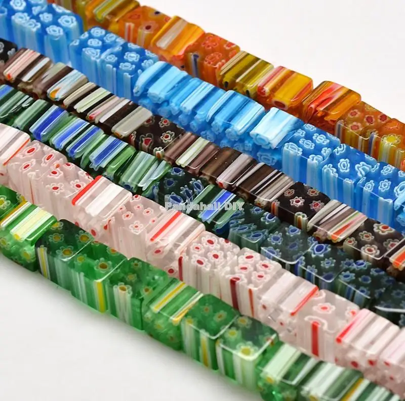 Стеклянные кубические нити Millefiori ручной работы смешанные цвета 8x8x8 мм отверстие: