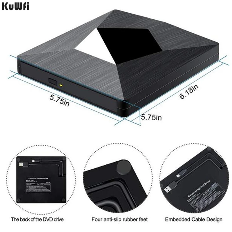 KuWFi USB3.0 внешний CD DVD диск с Тип C Портативный RW/DVD RW писатель плеер горелки Внешний