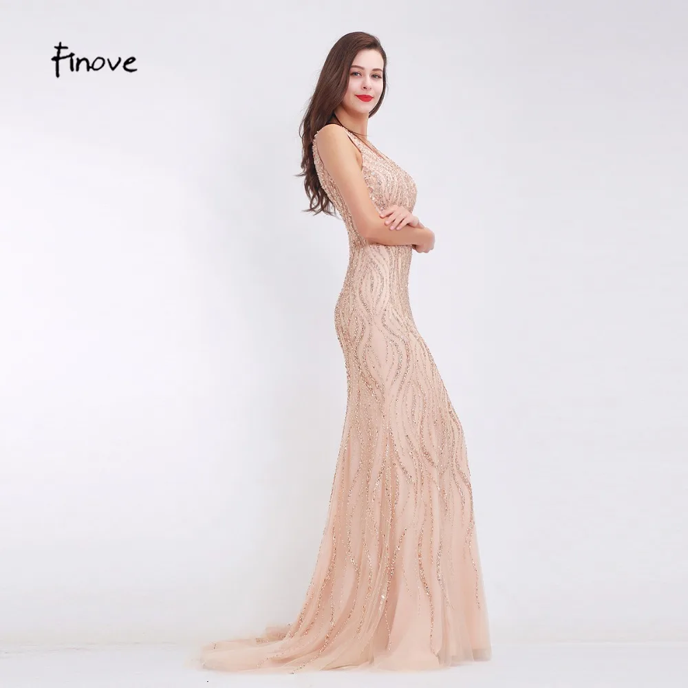 Женское вечернее платье с V образным вырезом и бусинами|champagne evening dress|designer dressesevening