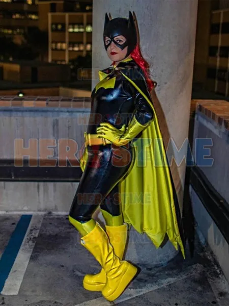 Женский костюм супергероя Batgirl блестящий черного и желтого цвета на Хэллоуин для