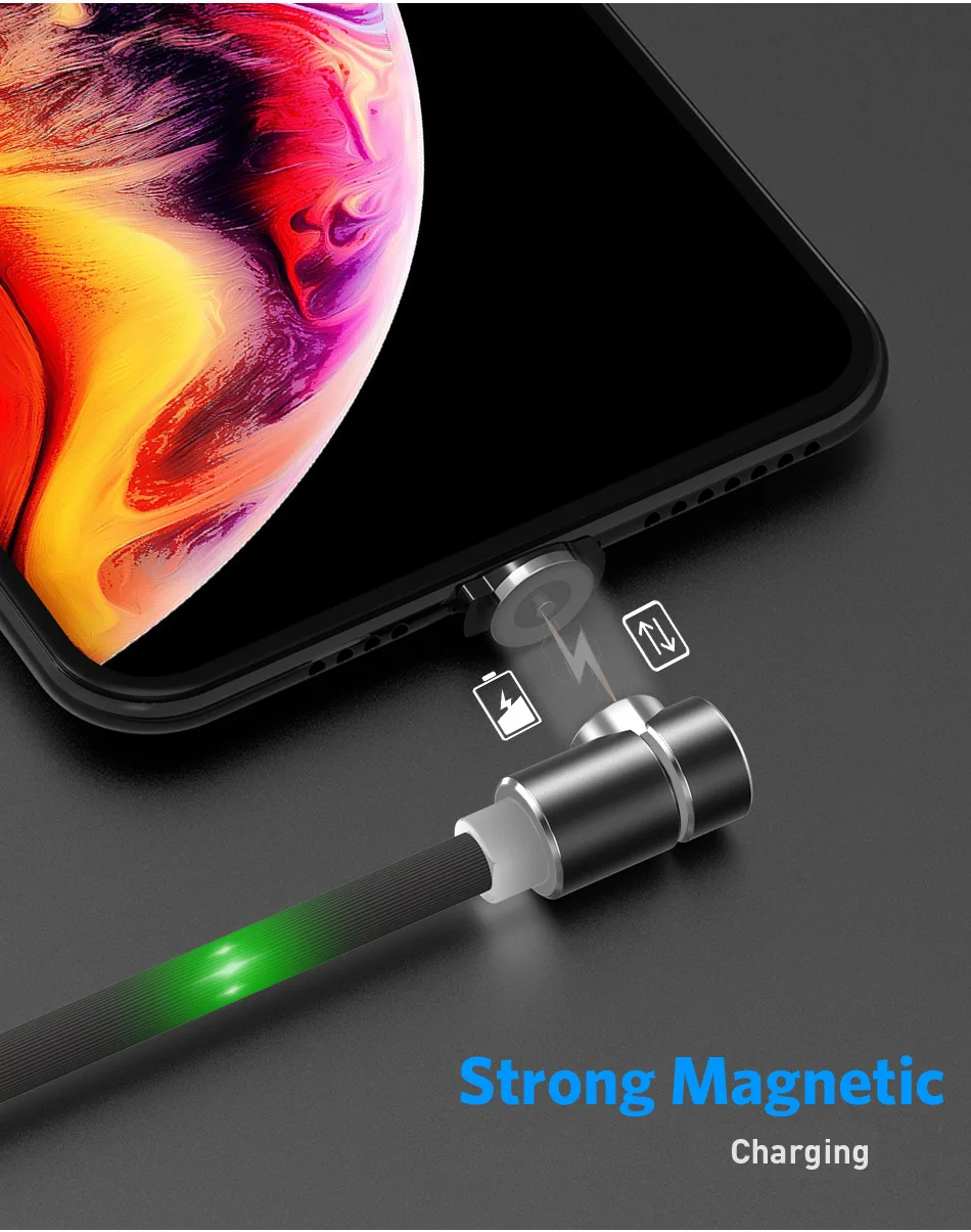 USLION 90 градусов светодиодный магнитный кабель usb c Micro usb type C для iPhone Xs Max, кабель для быстрой зарядки, светильник, магнитное зарядное устройство, светильник-вспышка