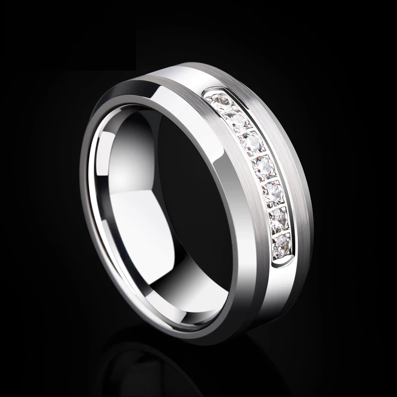 New Arrival Men's Fashion Jewelry 6/8mm Tungsten Wedding Rings with Shiny Seven CZ Stones by CNC Inlay Size 7-13 Free Shipping |