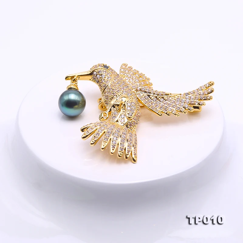 JYX Luxurious Flying bird Brooch 10mm Peacock-green Tahitian Pearl brooches natural 9mm Tahiti Pendant new year gift pin women | Украшения