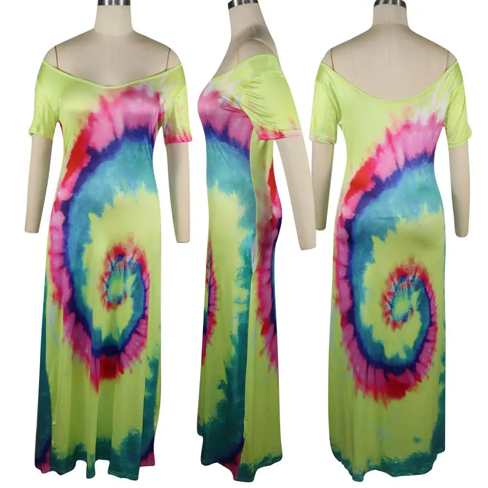 

Echoine Summer Tie Dye Print Loose Casual Beach Dress Women Sexy Off Shoulder Half Sleeve Slash Neck Long Maxi Dress with Pocket
