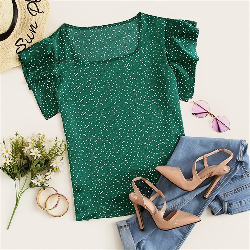 Dotfashion, зеленая блузка в горошек с рукавом-бабочкой, лето, милая корейская модная одежда с рукавом-крылышком, Женские топы и блузки