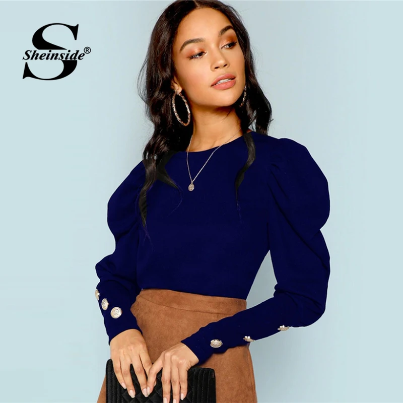 Sheinside, синяя Офисная женская футболка, женские футболки с пышными рукавами и пуговицами,, осенние элегантные женские Топы с длинным рукавом