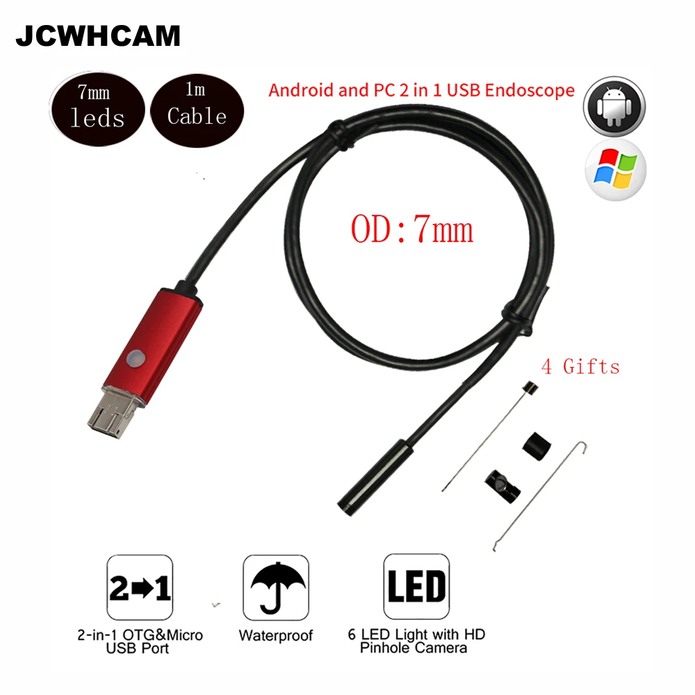 JCWHCAM 7 мм объектив 1 м 2 USB эндоскоп Android OTG телефон в мини камера водонепроницаемая