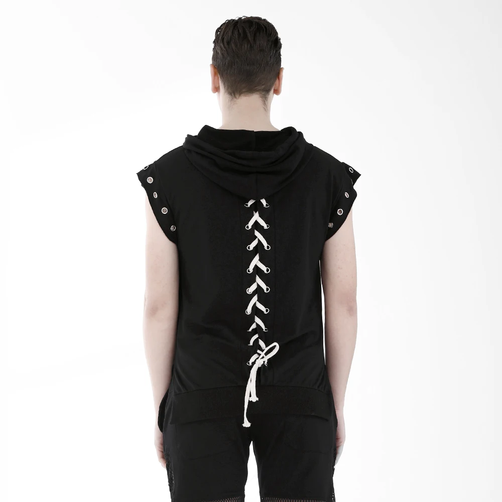 

Men's Punk Black Short Hoodies Metal Rivet Neck Tie Rope With Hat Sweatshirts Male's Casual Wearing