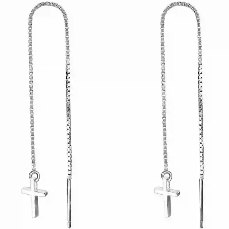 10mm chain 925 Серебряная простая лента, длинная цепочка, висячие серьги, покрытые родием, модные ювелирные изделия, висячие серьги с христианским крестом - Окраска металла: 10mm chain