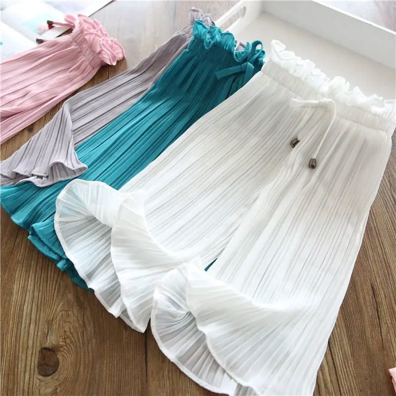 

New Summer Children Girls Chiffon Wide Leg Pant Kids Girl Solid Pleated Leggings Teenage Girls Clothes Calf-length Trousers T101