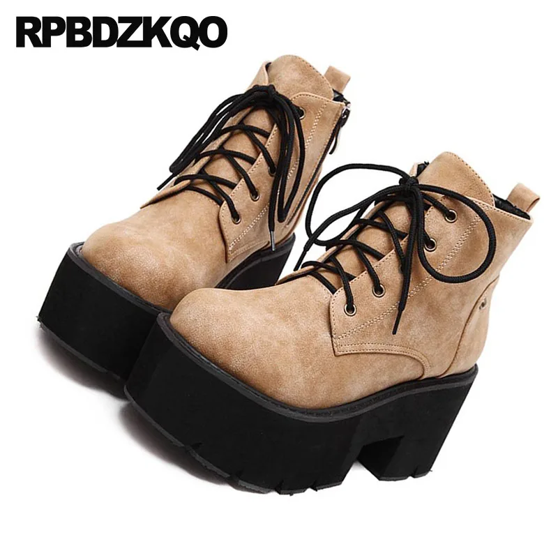 Harajuku Black Muffin Platform Flatform High Heel 2021 Side Zip Boots Booties Women Chunky Flat Brown Shoes European Lace Up | Обувь