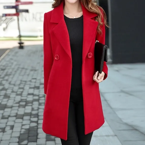 Wool Blends Womens Double Breasted Long Blazer For Women Woolen Notched Trench Coat Black Blue Red Yellow BIG Size Overcoat