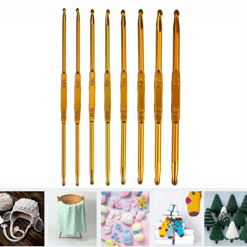 8pcs/set Gold Double-Head Aluminum Crochet Hook Set 2.5-6.0mm Knitting Needles Weave Craft Crochet Yarn Hook Hand Sewing Tools