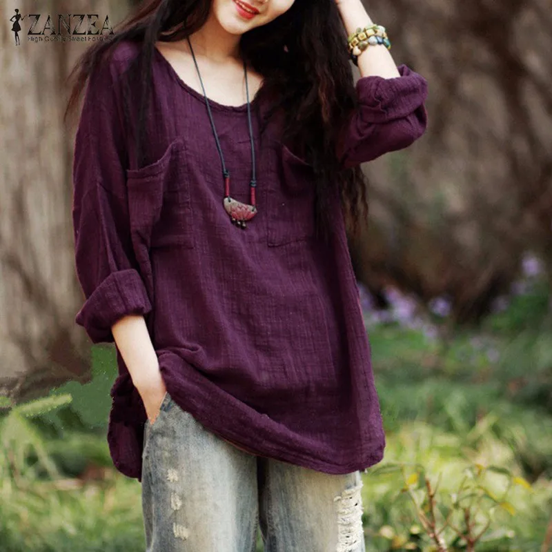 ZANZEA Винтаж Blusas Fenmininas 2021 Осенняя блузка для женщин Повседневная Свободная рубашка