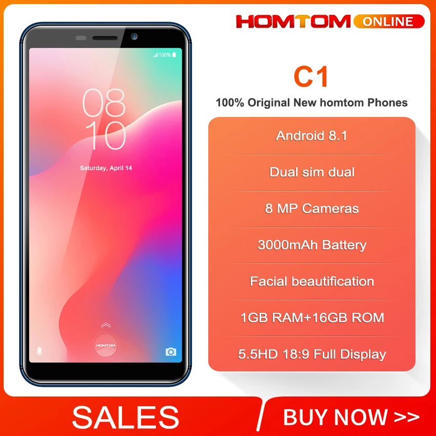 HOMTOM C1 1 ГБ ОЗУ 16 Гб ПЗУ четырехъядерный мобильный телефон 5 дюймов 18:9 полный