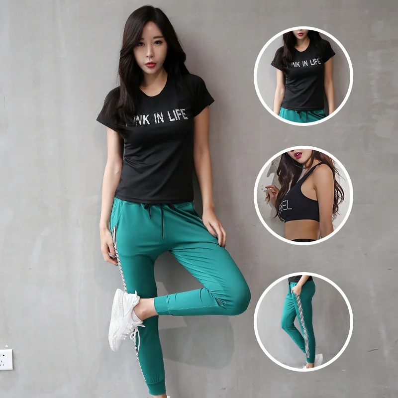 3 pcs blk T Комплект для спортзала, женская одежда для йоги и тренировок, короткий рукав, тонкое мягкое женское спортивное пальто, рубашка, бюстгальтер, леггинсы, спортивная одежда, комплект для занятий йогой - Цвет: 3 pcs blk T