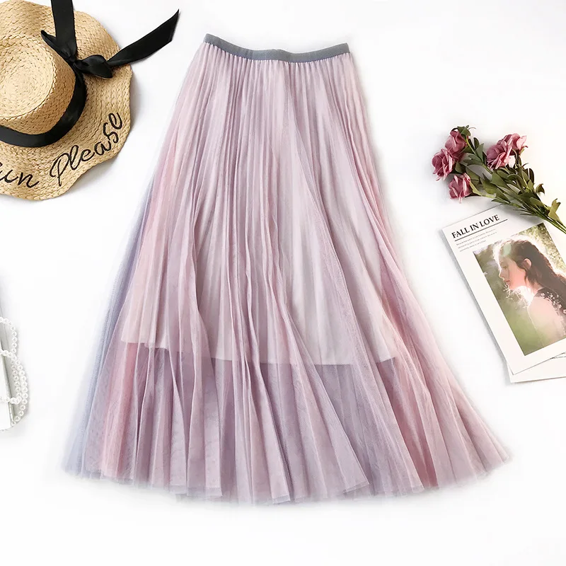 Small fresh Tulle Skirts Womens 2019 Summer Long Midi Skirt Female Elastic High Waist Pleated Tutu Saia | Женская одежда
