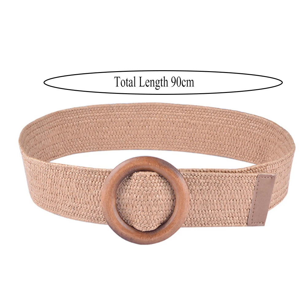 Round Wooden Buckle Belt Fashion Solid Color Braided Female Casual Elastic Straw Women's Wide Woven Belts For Women | Аксессуары для