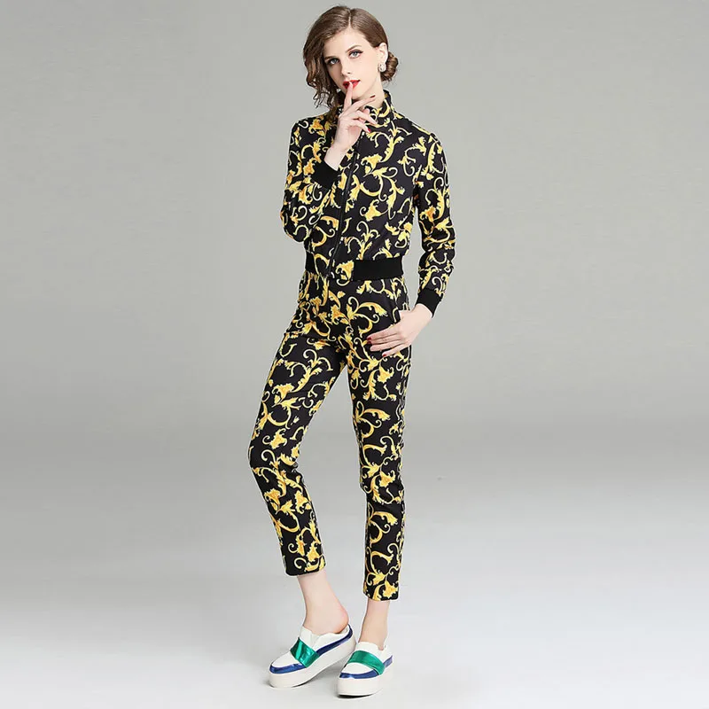 2018 Осень Зима 2 шт. спортивный костюм комплект для женщин с длинным рукавом Винтаж