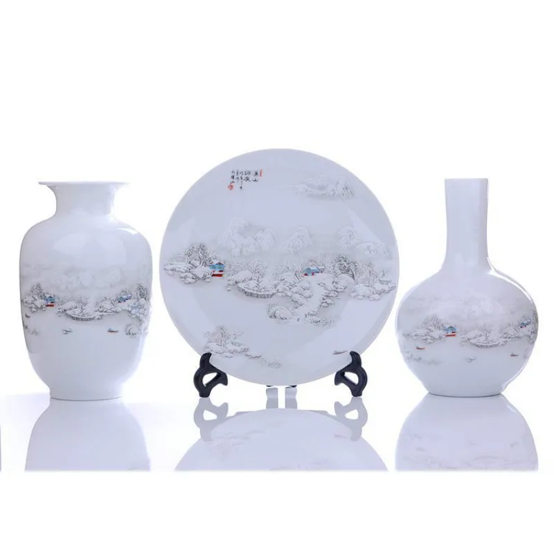 

3pcs/set Traditional Chinese Ceramic Flower Vases & Decoration Plate Set Home Decor Porcelain Ornament For Birthday Gifts