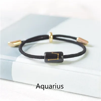 Black - Aquarius Счастливая веревка, браслет-цепочка для женщин и мужчин, керамика, гравировка, 12 созвездий, очаровательные браслеты, модные ювелирные изделия, браслеты и браслеты - Окраска металла: Black - Aquarius