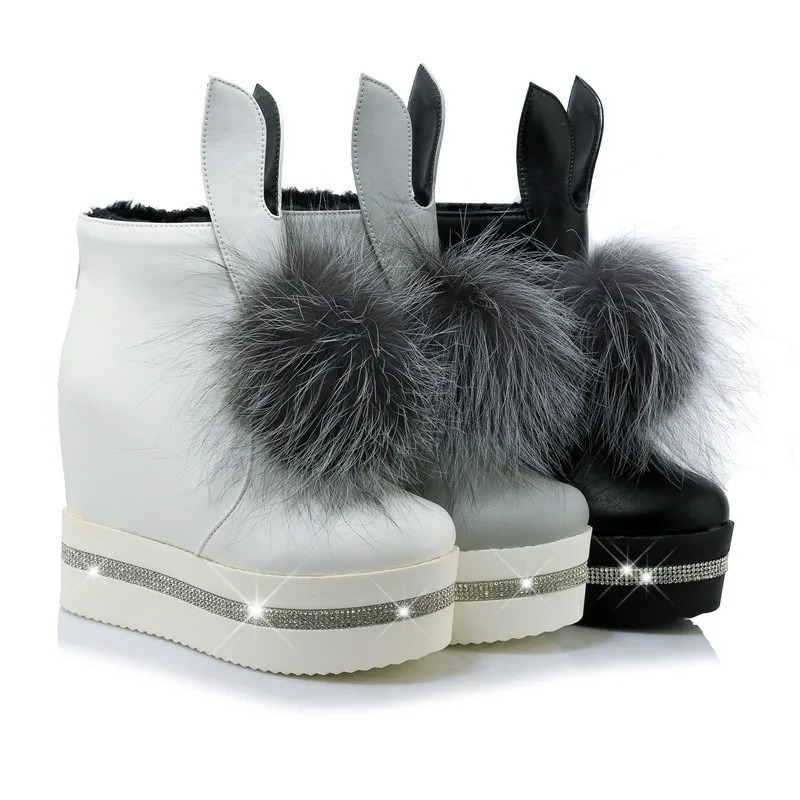 

ENMAYLA Women Cute Wedges High Heels Rabbit Ears Ankle Boots for Women Rhinestone Flats Platform White Shoes Woman Winter Boots