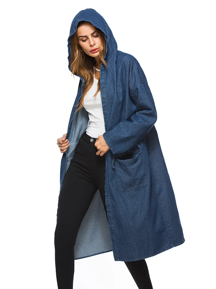 Элегантный свободный женский джинсовый Тренч весна 2018 длинный плащ с капюшоном и
