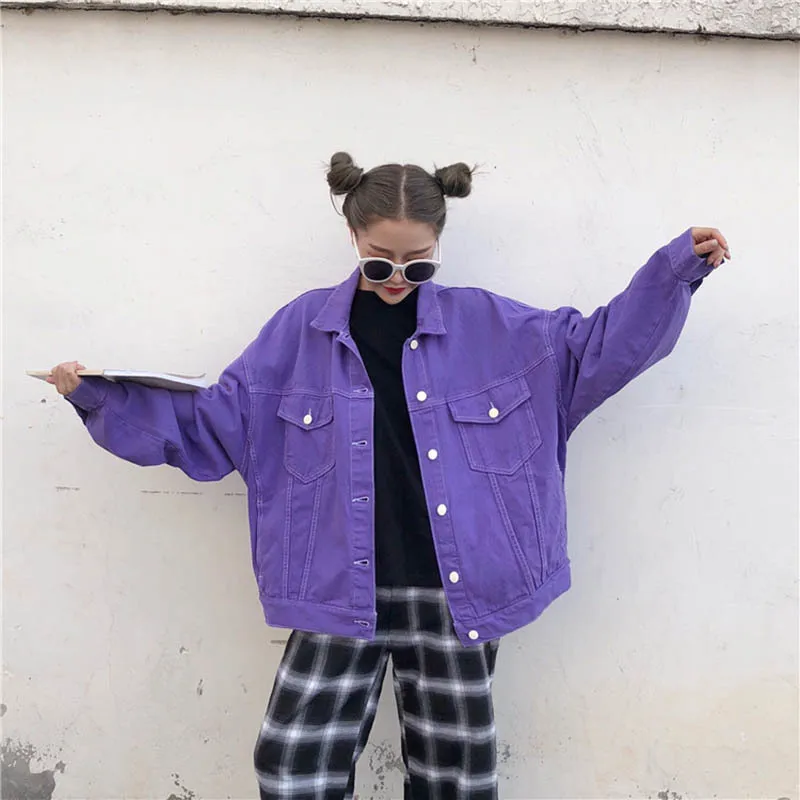 Purple Уличная джинсовая куртка больших размеров для женщин, Повседневная джинсовая куртка-бомбер ярких цветов фиолетового цвета, свободная верхняя одежда, топы A9025 - Цвет: Purple
