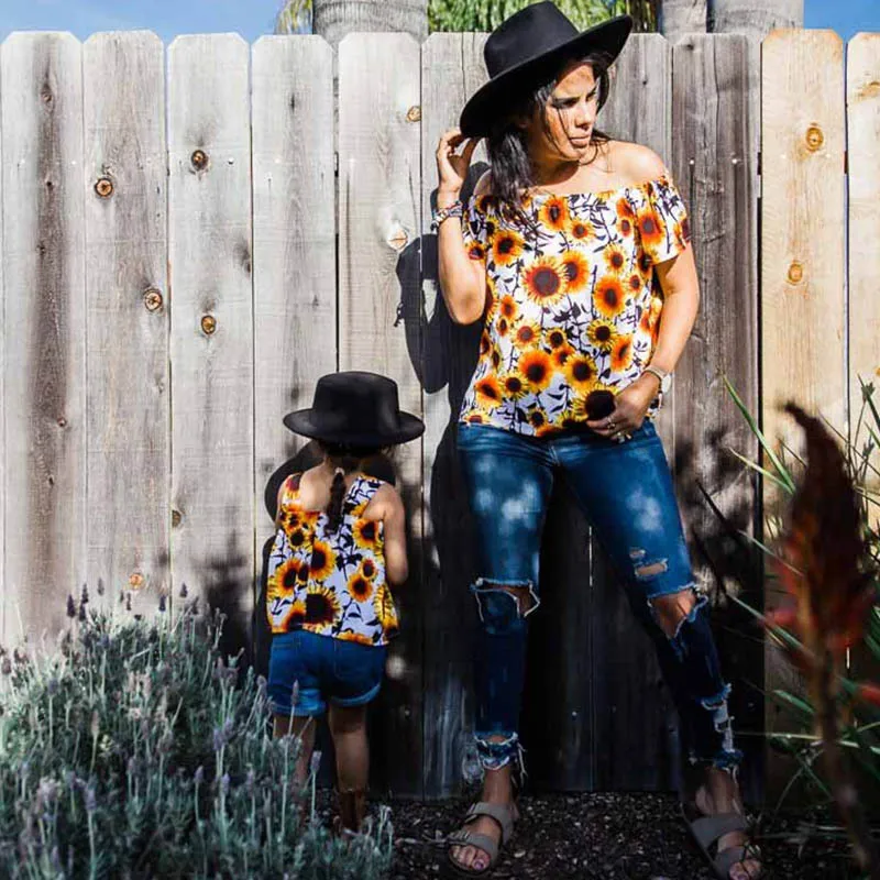 2019 Mommy and Baby Daughter Shirts Top Tee Vintage Sunflower Printing Off One-shoulder Shirt Family Matching Clothes Clothing | Мать и