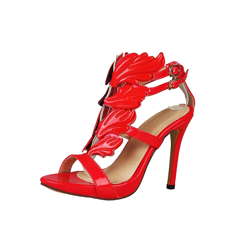 Red Shoes Роскошные женские босоножки Летняя обувь на высоком каблуке; блестящие крыло женская свадебная обувь золотого и серебряного цвета с открытым носком Римские сандалии размера плюс де - Цвет: Red Shoes