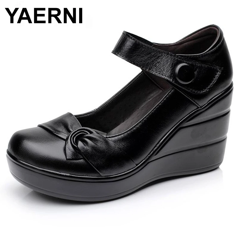 

YAERNI 2021 spring autumn genuine leather women's fashion high heels pumps wedges black color female platform shoes E489