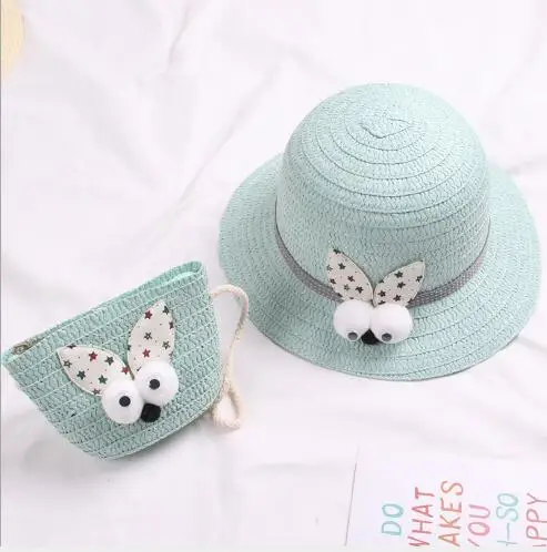B-1Bag with hat Летняя популярная новая забавная головка кролика детская соломенная шляпа для девочек шапка принцессы дорожная Студенческая пляжная шляпа с полями из двух предметов - Цвет: B-1Bag with hat
