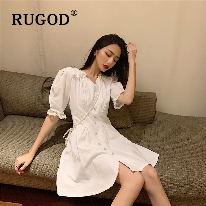 RUGOD элегантное женское платье с длинным рукавом, офисное платье, модное платье с отложным воротником, летнее платье для вечеринки, кружевное лоскутное платье трапециевидной формы