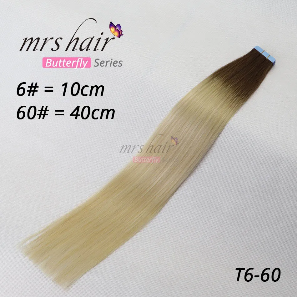 MRS HAIR лента для наращивания человеческих волос 1"-24" не Реми волосы на ленте ПУ кожа Уток Бесшовные человеческие волосы 20 шт - Цвет: T6/60 #
