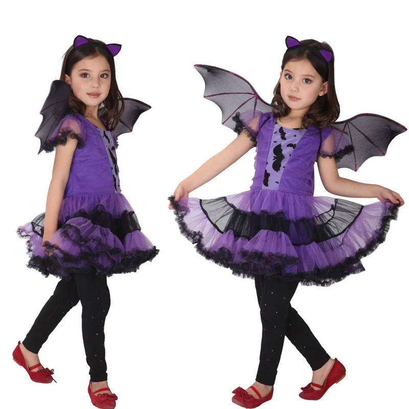 Бесплатная доставка Фиолетовый костюм летучей мыши для девочек Карнавальные