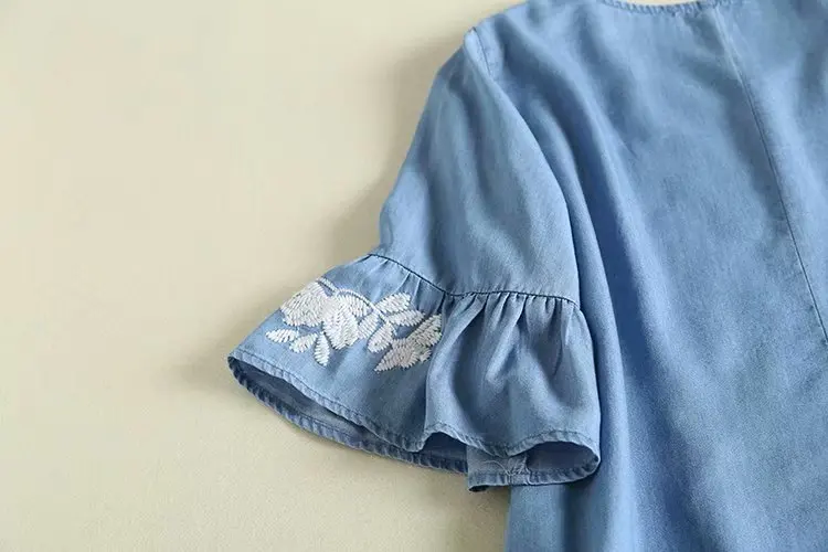 Women Vintage Blue Denim Dress Lady V Neck Flare Sleeve Summer Casual Floral Embroidery Dress Plus Size vestido