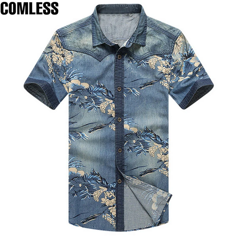Новинка 2017 джинсовая рубашка для мужчин рубашки с коротким рукавом и цветочным