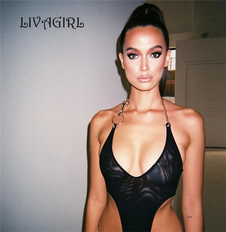 Женское прозрачное Сетчатое Боди без рукавов с металлической цепочкой и