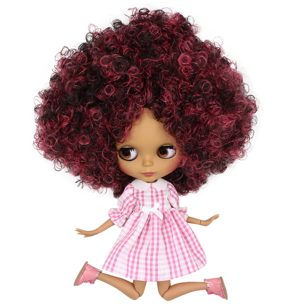 Кукла Blyth ICY DBS № QE155/9103 винно красная микс черные афро волосы Черное Матовое лицо