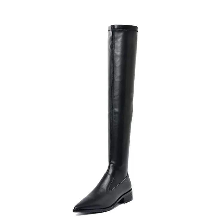 MLJUESE women over the knee boots cow leather slip on autumn spring low heel pointed toe boots high boots size 34-43 - Цвет: Черный