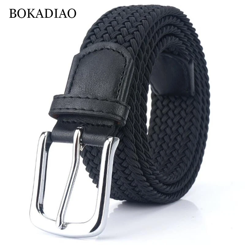 BOKADIAO men&women elastic belt Pin buckle Weave Stretch Canvas belt Nylon luxury jeans belts for men waistband Black strap male