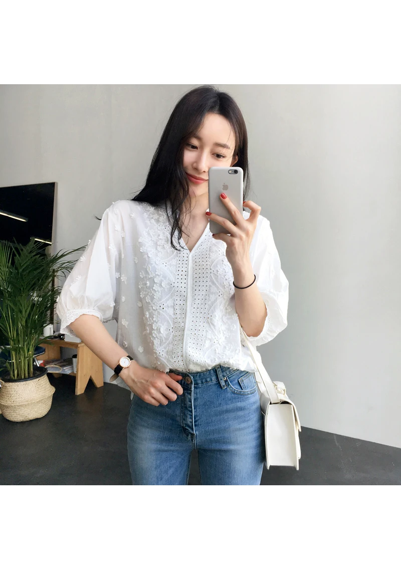 Блузка с вышивкой, белая рубашка, женские блузки, рубашки, blusas mujer de moda, Женская сорочка, свободные топы размера плюс, женская одежда