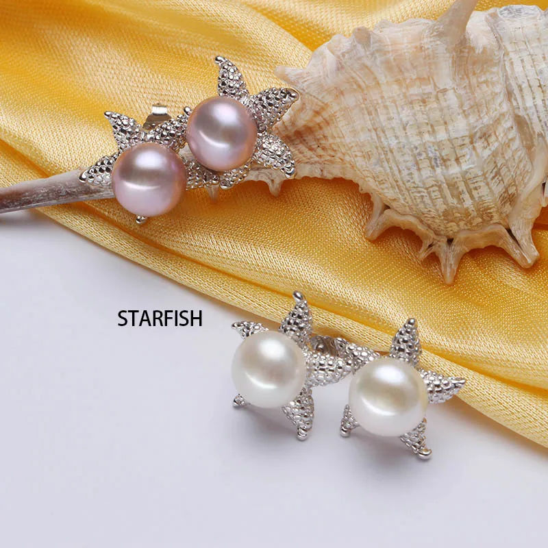 Dainashi 925 Silver Sea Star Серьги 8-9 мм 100% натуральный жемчуг Starfish серьгу для Женская мода