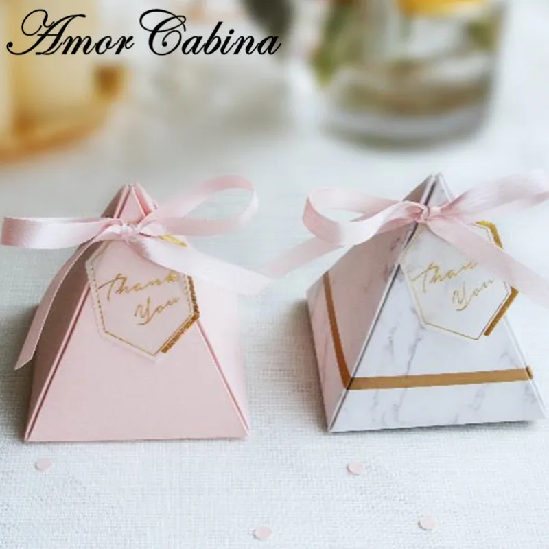 

50pcs European Pyramid Pink Marble Style Candy Box Wedding Like Party Supplies Bomboniere Thank You Gift Chocolate Box