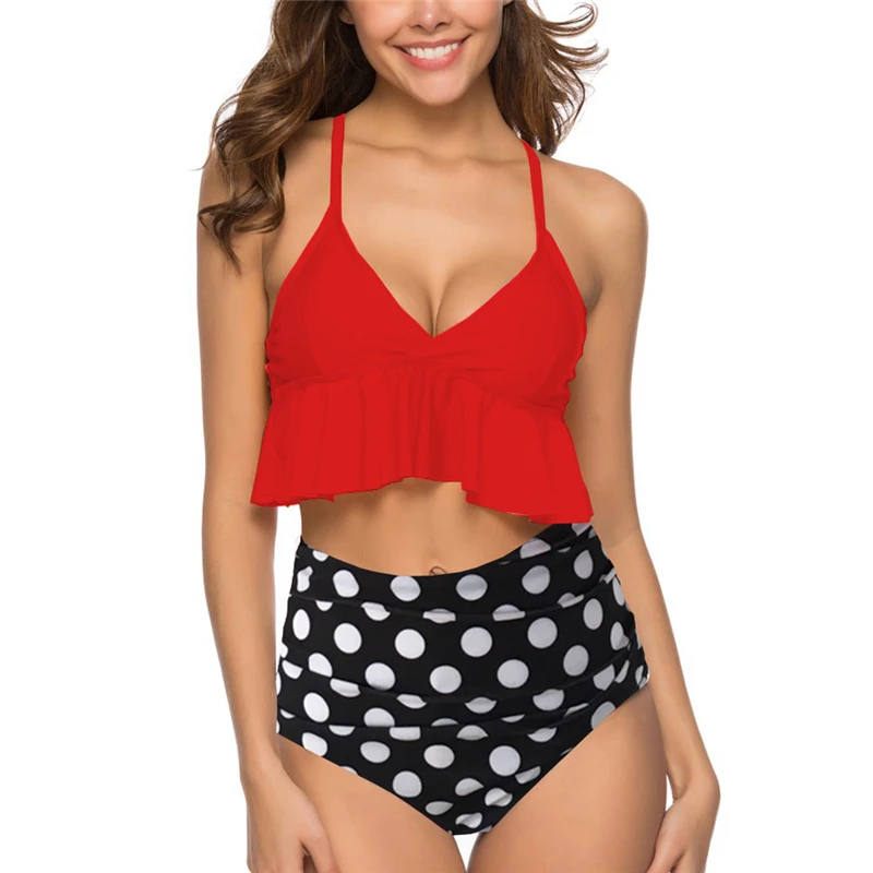 

Fashion Women Strappy Bikini Set Two Piece Swimwear Lace Up High Waist Bottom Ruffle Dot Print Bikini set women Sexy