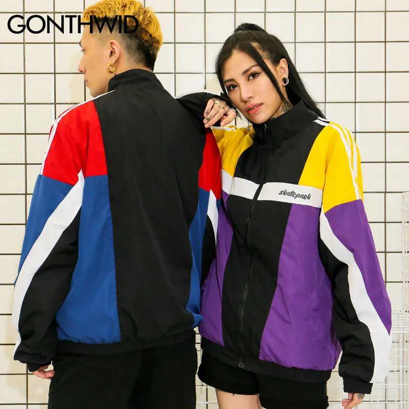 GONTHWID Винтаж цвет блок лоскутное куртки осень 2018 г. хип хоп Полный Zip Up Track ветровка