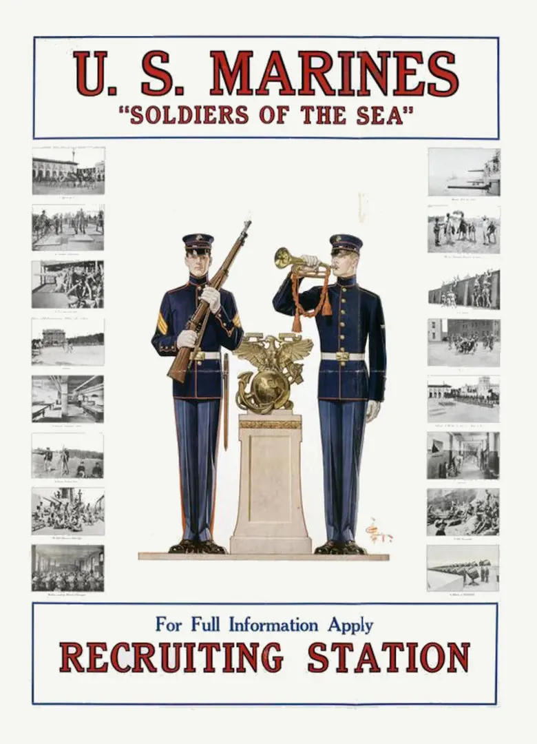Винтаж 1910s США WW1 Радуга плакат свяжитесь с нами. Морские набирающие станции