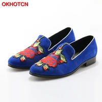 okhotcn floral embroidered suede men shoes soft leather flats casual slip on moccasins men loafers good quality driving shoes