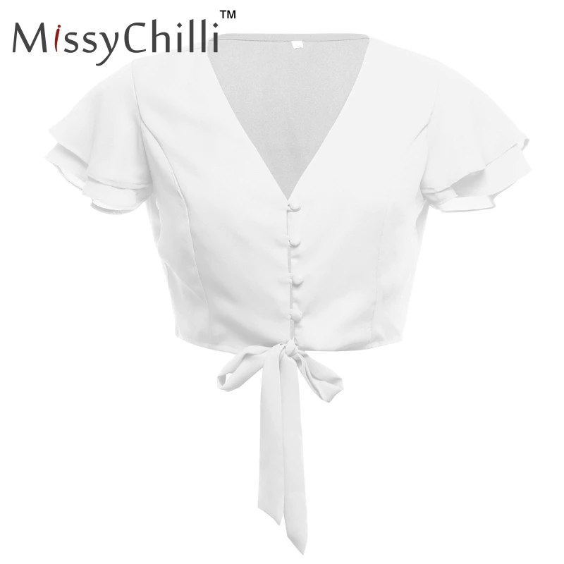 Белый MissyChilli сексуальный шифоновый топ с v-образным вырезом и рюшами на бретелях для женщин с коротким рукавом белый летний обрезанный женский топ пляжный элегантный топ рубашка праздничная - Цвет: Белый