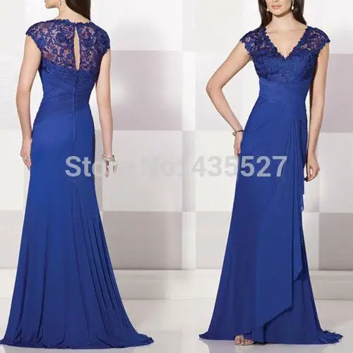 Nitree Старинные 2016 Длинное Вечернее Платье Blue Lace Шифон V образным Вырезом Cap рукава